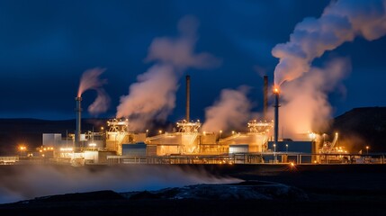 A nighttime scene of a geothermal power plant, with the facility lit by artificial lights and steam glowing under the illumination as it rises into the night sky. 