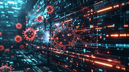 A next-generation AI-powered antivirus system in action, visually depicting the detection and eradication of a computer virus.