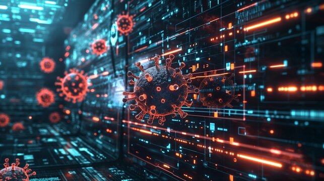 A next-generation AI-powered antivirus system in action, visually depicting the detection and eradication of a computer virus.