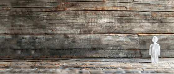 Minimalist composition of a paper cut-out figure against a rustic, wooden background. Ideal for conceptual or artistic designs.