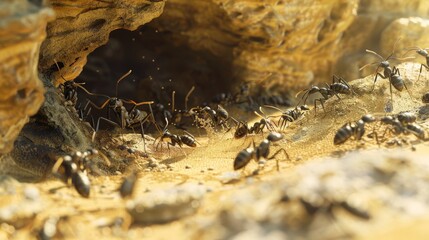 Ants building a nest in a sandy area, with some carrying grains of sand and others guarding the entrance