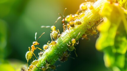 Fototapeta premium Ants harvesting honeydew from aphids on a plant stem, illustrating their symbiotic relationships