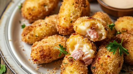 Traditional Spanish Ham Croquetas Dish,  Breadcrumb-coated Croquettes Filled With Creamy Béchamel And Ham, Garnished With Chopped Parsley And Served With A Dipping Sauce