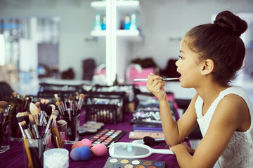 Young girl and makeup in dressing room getting ready with mirror for ballet performance or show....