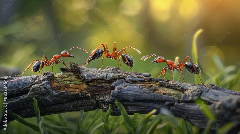 Poster ants interacting with each other on a log, possibly communicating or exchanging food