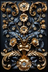 Gold and Blue Floral Design on Black Background