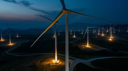 A nighttime view of a wind farm with turbines illuminated by ground lights. The blades cast long shadows, creating a dramatic and powerful image of renewable energy generation after dark.