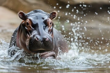 Adorable Baby Hippo Splashing and Playing in Tranquil Tropical Waterscape