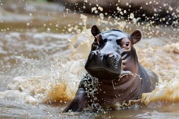 Adorable Baby Hippo Splashing in Serene Water