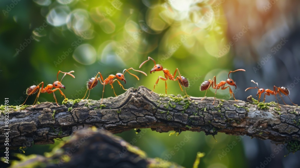 Poster ants interacting with each other on a log, possibly communicating or exchanging food