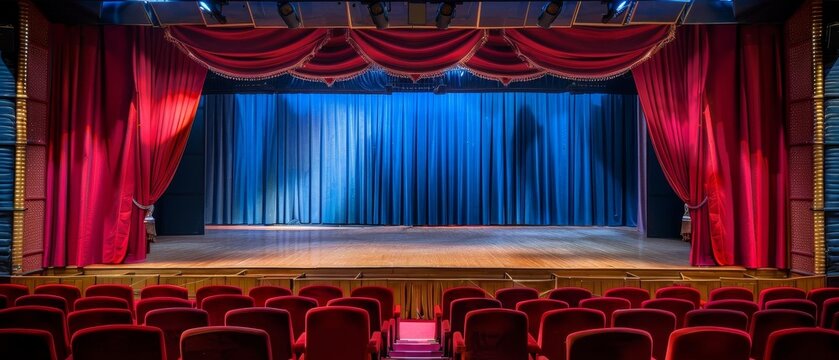 Empty theater stage with red curtains and blue backdrop, capturing a serene moment before the performance begins in an elegant auditorium.