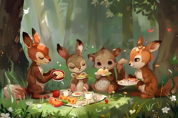 Charming Woodland Creatures Enjoying a Picnic in the Forest