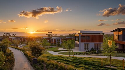 Obraz premium A panoramic view of a modern eco-friendly suburb at sunset, emphasizing sustainable construction and harmonious integration with the natural environment.