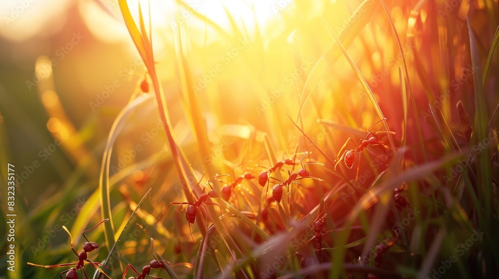 Poster Ants navigating through blades of grass, with the sun casting shadows and creating a dynamic landscape