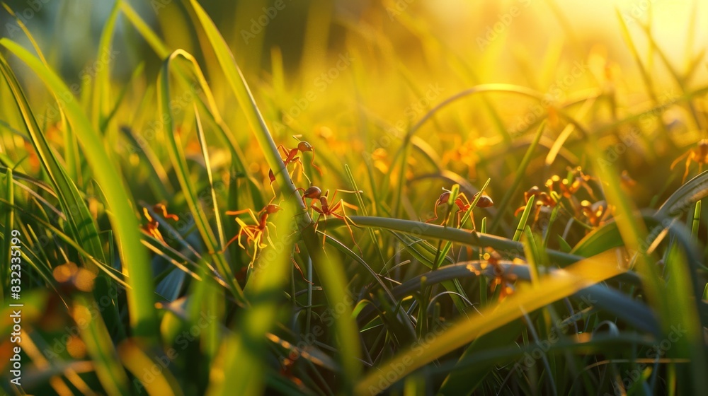 Poster ants navigating through blades of grass, with the sun casting shadows and creating a dynamic landsca