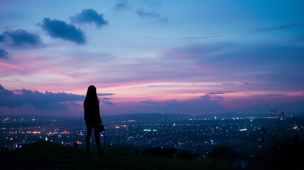 Fototapeta premium 夕暮れ時の丘から見下ろすシルエットの人と街の景色