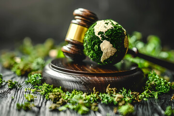 environmental law concept : Global Environmental Justice, Wooden Gavel and Golden Scales,  environment, law