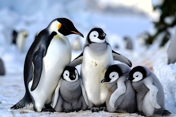 Adorable Penguin Family Huddling Together in Snowy Landscape