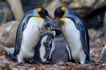 Fototapeta premium Adorable Penguin Family Huddling Together for Warmth and Protection in Snowy Landscape