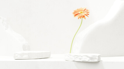 Premium simple minimalist white marble stone plate podium and chrysanthemum flower grass for product presentation in landscape