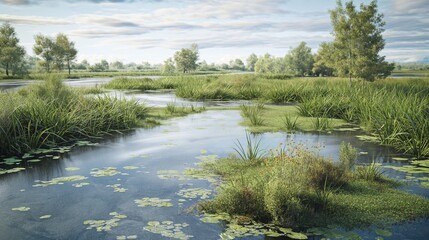 A portrayal of a bio-filtering wetland artificially created to clean industrial wastewater before it is released back into a river.