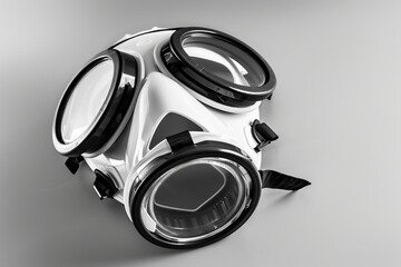 Toxic spill mask, reflective surface, highvisibility features, top view, ensuring safety and visibility, futuristic tone, black and white