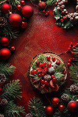 Festive Christmas Cake with Ornaments, Pinecones, and Holiday Decorations on Dark Background