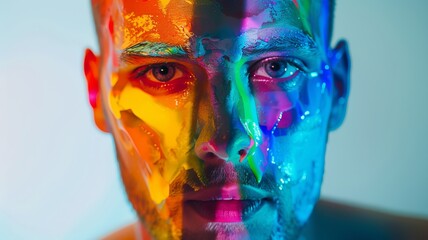 Man with rainbow face paint, looking confidently into the camera close up LGBTQ empowerment vibrant Double exposure abstract art backdrop