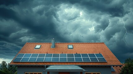 A house with solar panels on the roof under a stormy sky with dark clouds and lightning.
