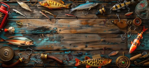 a image of a wooden table with fishing gear and a fishing rod
