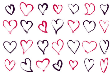 Hand drawn collection of hearts in red and black color, with rough  edges.