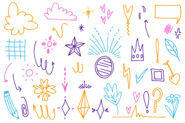 Hand drawn element collection, simple retro sketch decorations isolated on white background. Scribble drawings. Cute doodle icons.