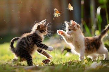 Playful Kittens Chasing Butterflies in a Lush Garden Setting