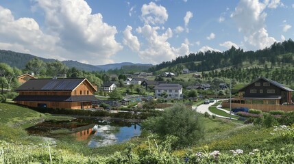 A scenic view of a sustainable living community that uses bioenergy for all its heating and power needs. The community includes homes, a school, and small businesses, all benefiting from bioenergy.