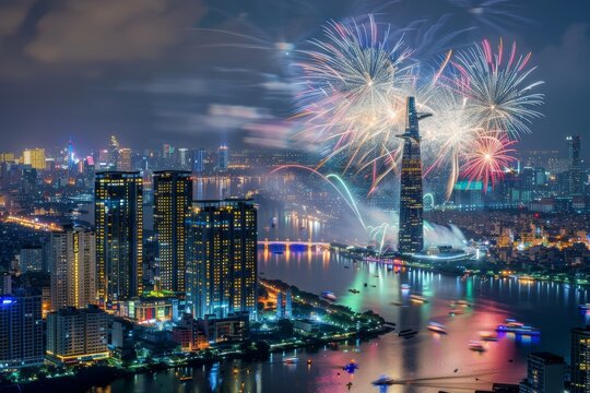 Celebration. Skyline with fireworks light up sky over Landmark 81 skyscraper in Ho Chi Minh City ( Saigon ) Vietnam. Beautiful night view cityscape. Holidays celebrating New Year and Tet holiday 