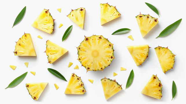 Cut pineapple slices isolated on white background, top view, flat lay