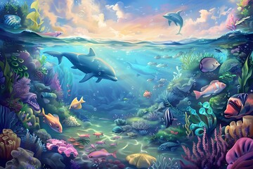 Enchanting Underwater Realm of Friendly Marine Creatures at Sunset