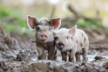 Charming Baby Pigs Playing in the Mud on a Rural Farm