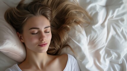 Naklejka premium Young woman sleep on white bed eye closed blonde long hair Caucasian female relax rest bedroom hotel