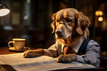 A smart dog in eyeglasses and a tie reads a newspaper while sitting at a table in the light of a table lamp. Funny golden retriever