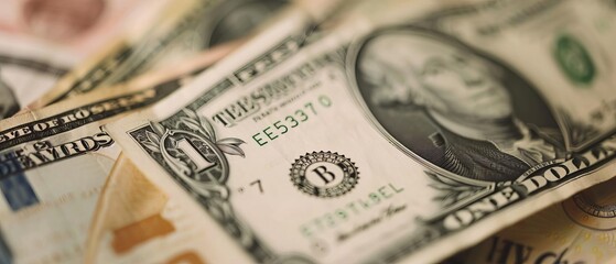 Close-up of various currency notes, including a prominent US dollar bill. Concept of finance, economy, and international trade.