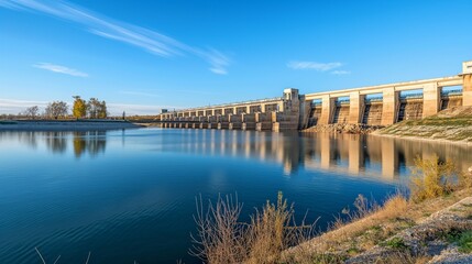 Obraz premium A serene reservoir behind a hydroelectric dam, with calm waters reflecting the clear blue sky. This image emphasizes the dual purpose of dams for both power generation and water storage.