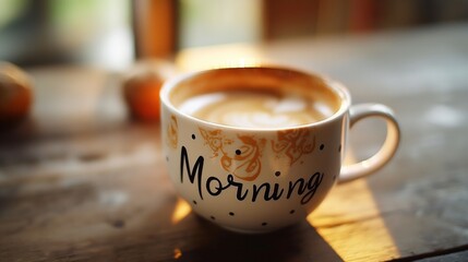 Coffee in cup with morning routine on wood table start your day caffeine wake up energy boost