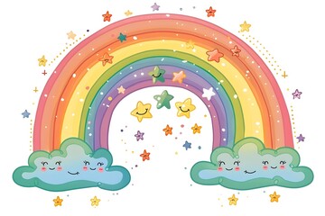 Whimsical Cartoon Rainbow with Smiling Clouds and Sparkling Stars in the Sky