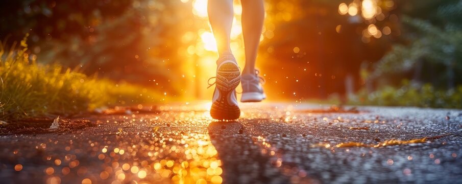 A person running on a scenic path during a sunrise, with warm sunlight enhancing the serene ambiance. Ideal for themes of fitness and nature.