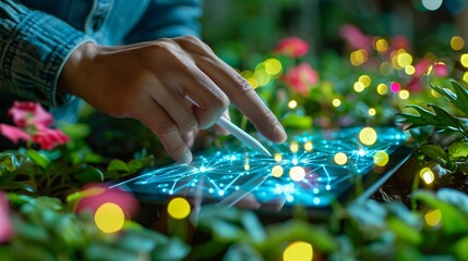 Person working on a tablet with a stylus in a garden with smart irrigation systems