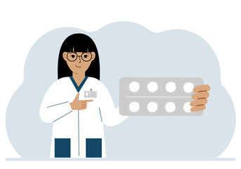 A female doctor in a white coat holds a large plate with pills. Vector flat illustration