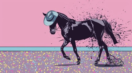 horse with hat paint splash background. grunge, people. Illustrations