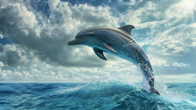dolphin jumping out of water. Virtual 4K video animation background with looping time lapse with very smooth graphics.