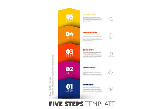 Five yellow to blue progress block steps template with descriptions and icons on white background